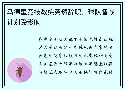 马德里竞技教练突然辞职，球队备战计划受影响