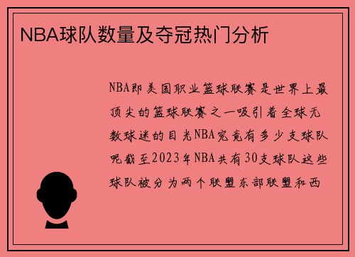 NBA球队数量及夺冠热门分析